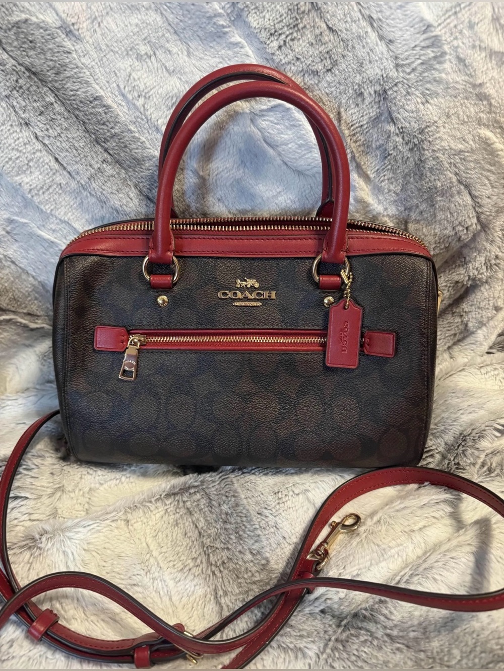 Coach Rowan Satchel in Brown/True Red signature canvas